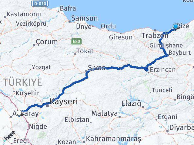 Rize Gülağaç Aksaray Arası Kaç Km - Yol Haritası
