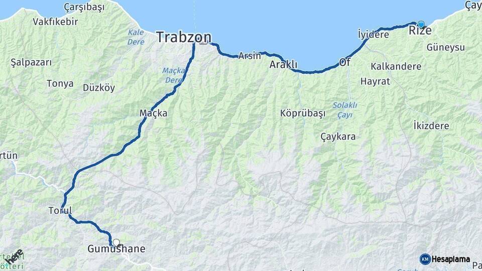 Rize Gümüşhane Arası Kaç Km - Yol Haritası