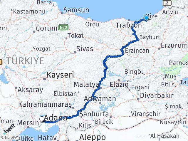 Rize Güneysu Adana Arası Kaç Km - Yol Haritası