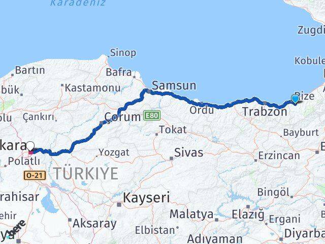 Rize Güneysu Ankara Arası Kaç Km - Yol Haritası