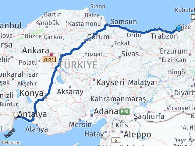 Rize Güneysu Antalya Arası Kaç Km - Yol Haritası