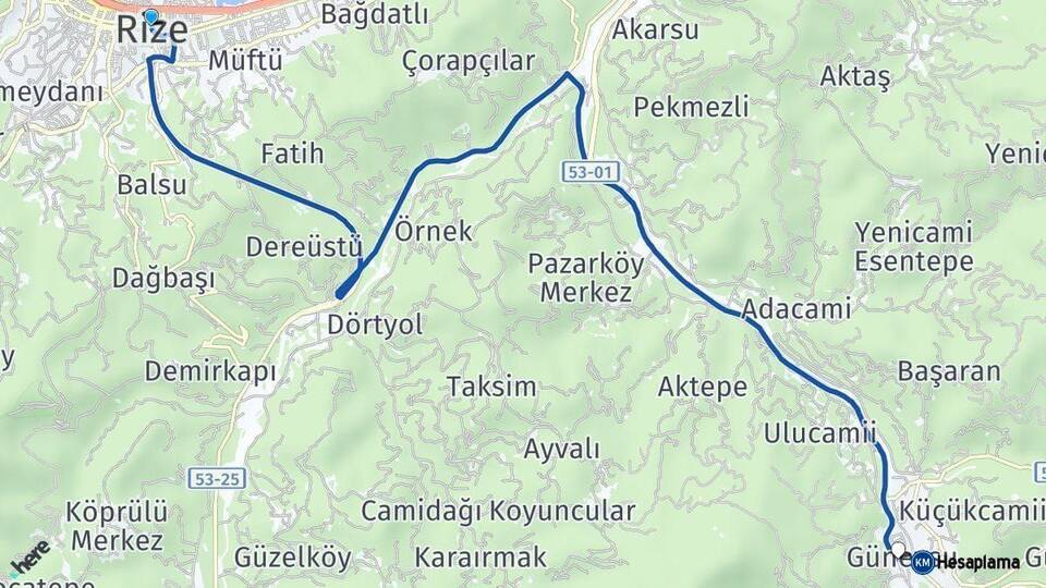 Rize Güneysu Arası Kaç Km - Yol Haritası