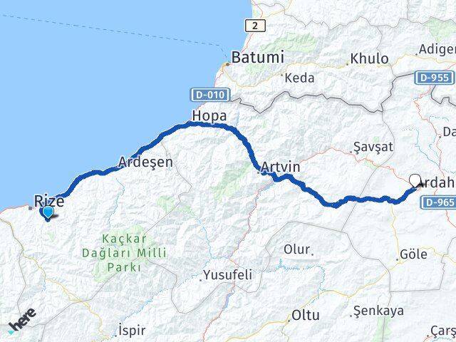 Rize Güneysu Ardahan Arası Kaç Km - Yol Haritası