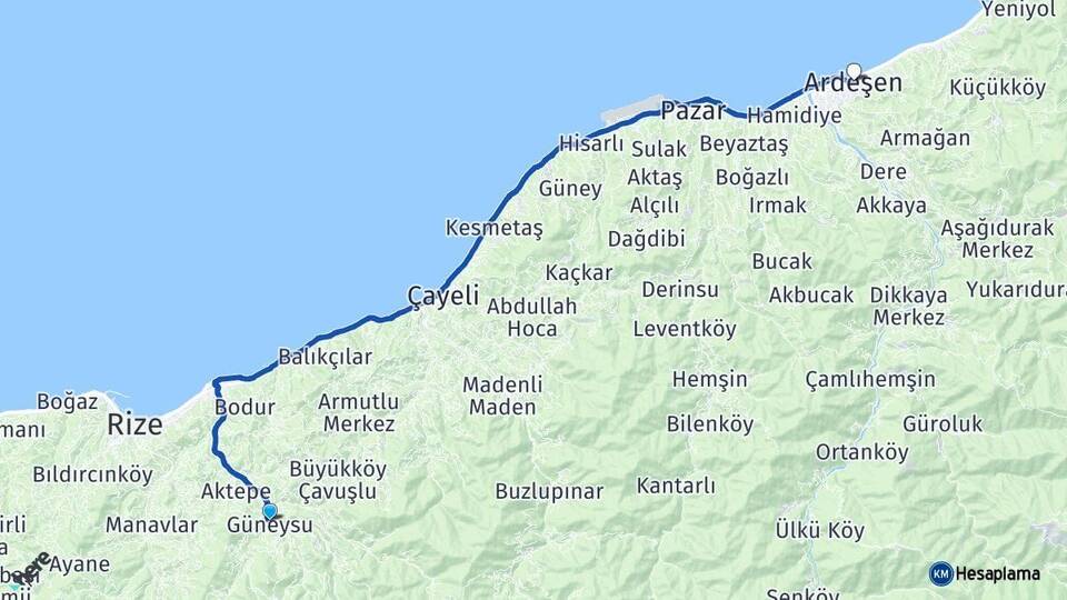 Rize Güneysu Ardeşen Arası Kaç Km - Yol Haritası