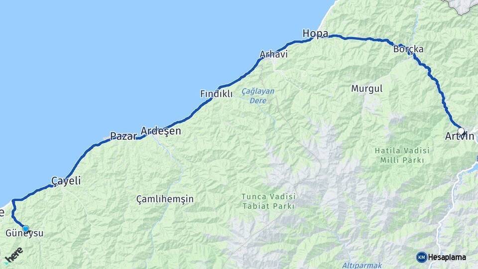 Rize Güneysu Artvin Arası Kaç Km - Yol Haritası