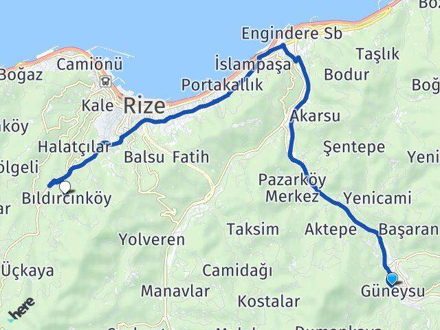 Rize Güneysu Bıldırcınköy Arası Kaç Km - Yol Haritası