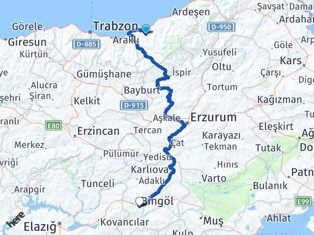 Rize Güneysu Bingöl Arası Kaç Km - Yol Haritası