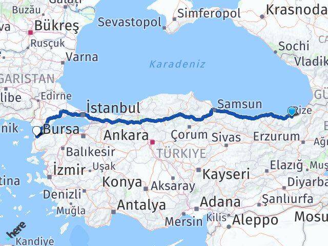 Rize Güneysu Çanakkale Arası Kaç Km - Yol Haritası