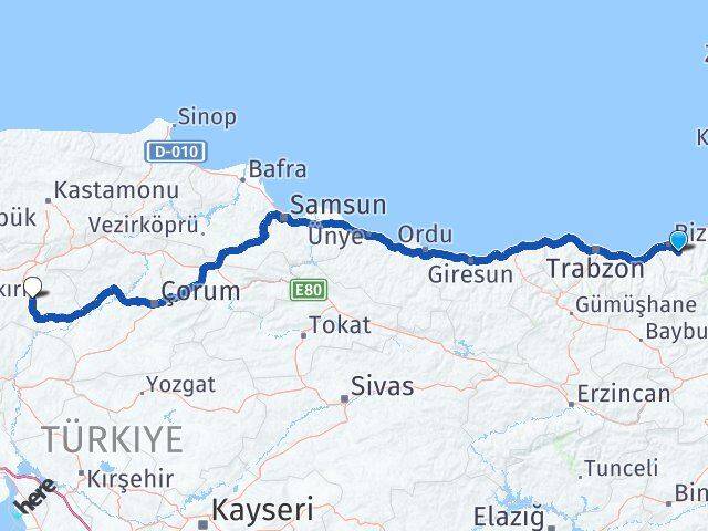 Rize Güneysu Çankırı Arası Kaç Km - Yol Haritası