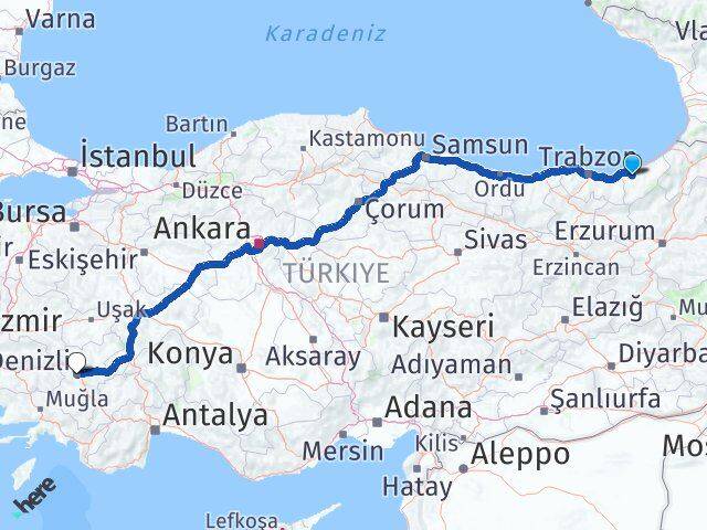 Rize Güneysu Denizli Arası Kaç Km - Yol Haritası