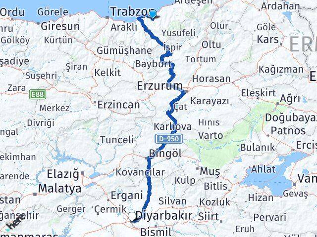 Rize Güneysu Diyarbakır Arası Kaç Km - Yol Haritası