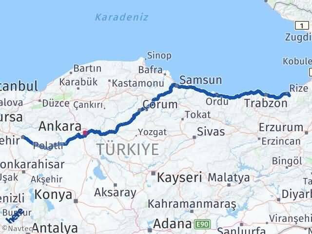 Rize Güneysu Eskişehir Arası Kaç Km - Yol Haritası
