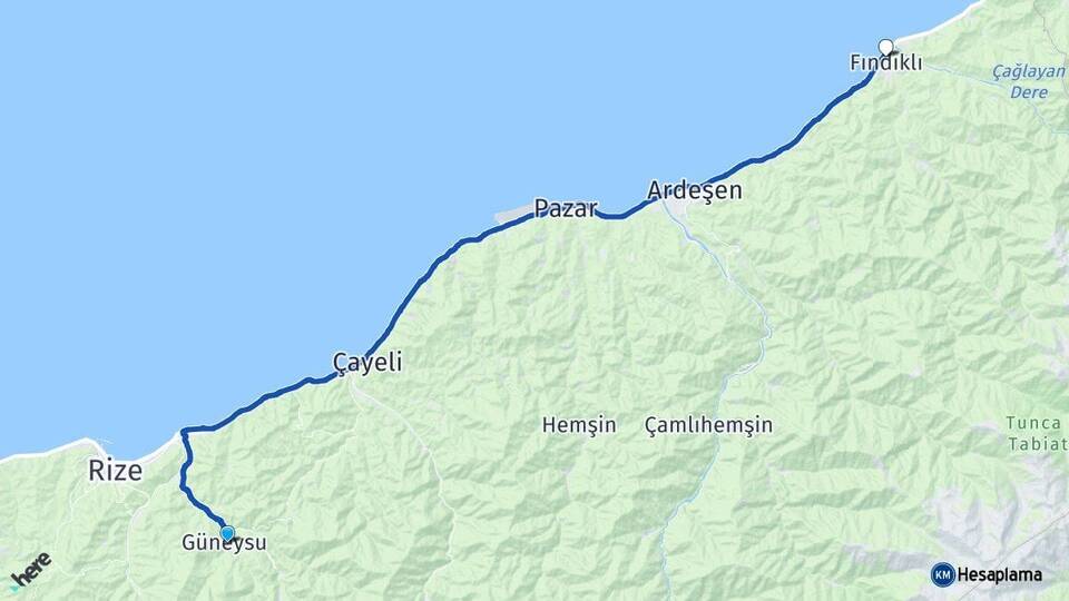 Rize Güneysu Fındıklı Arası Kaç Km - Yol Haritası