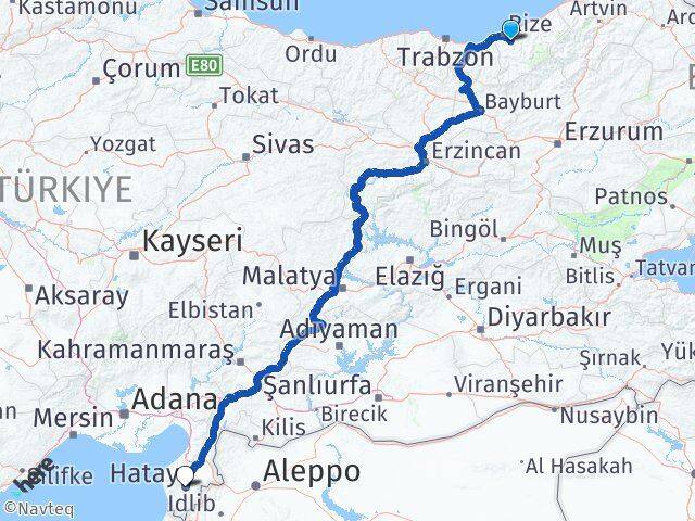 Rize Güneysu Hatay Arası Kaç Km - Yol Haritası