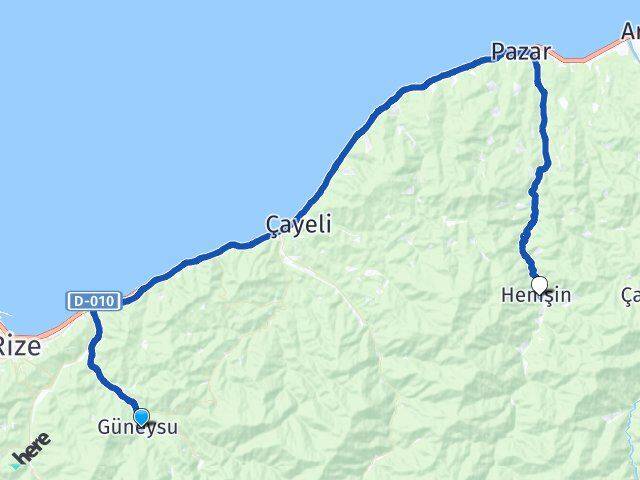 Rize Güneysu Hemşin Arası Kaç Km - Yol Haritası