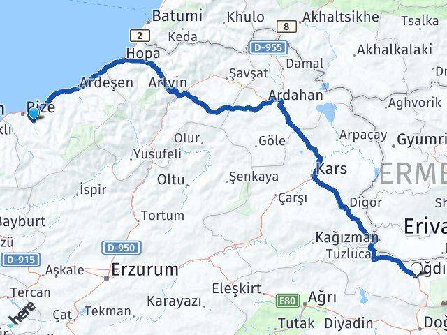 Rize Güneysu Iğdır Arası Kaç Km - Yol Haritası