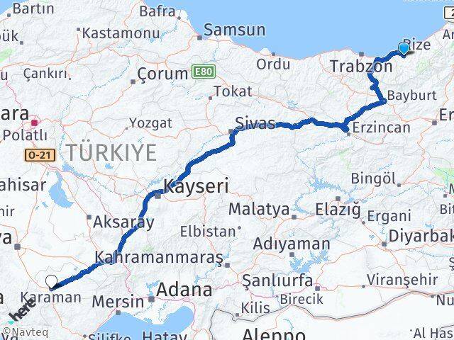 Rize Güneysu Karaman Arası Kaç Km - Yol Haritası