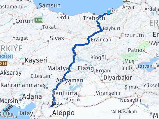 Rize Güneysu Kilis Arası Kaç Km - Yol Haritası