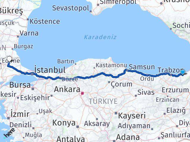 Rize Güneysu Kırklareli Arası Kaç Km - Yol Haritası