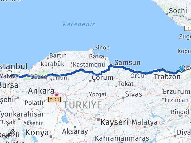 Rize Güneysu Kocaeli Arası Kaç Km - Yol Haritası