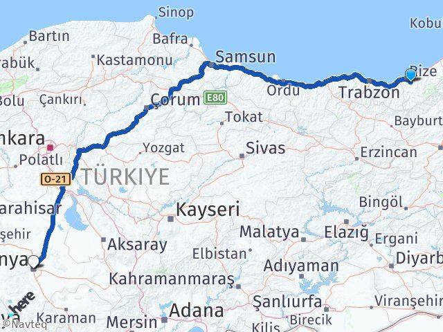 Rize Güneysu Konya Arası Kaç Km - Yol Haritası