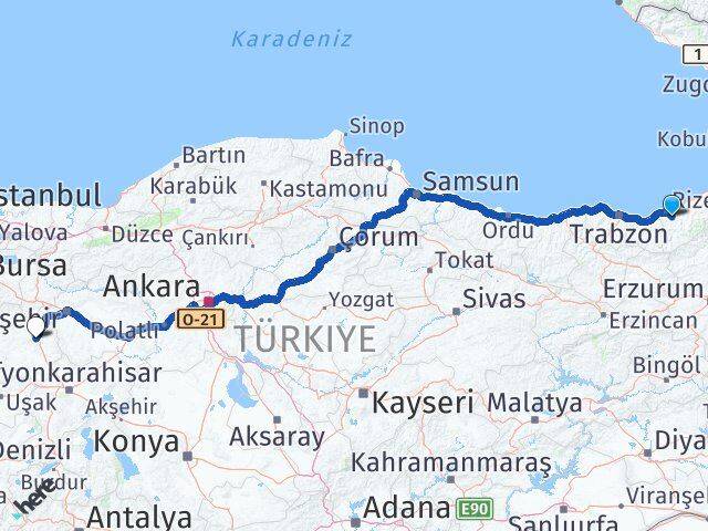 Rize Güneysu Kütahya Arası Kaç Km - Yol Haritası