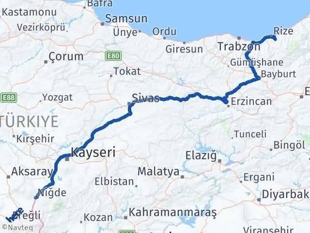 Rize Güneysu Niğde Arası Kaç Km - Yol Haritası