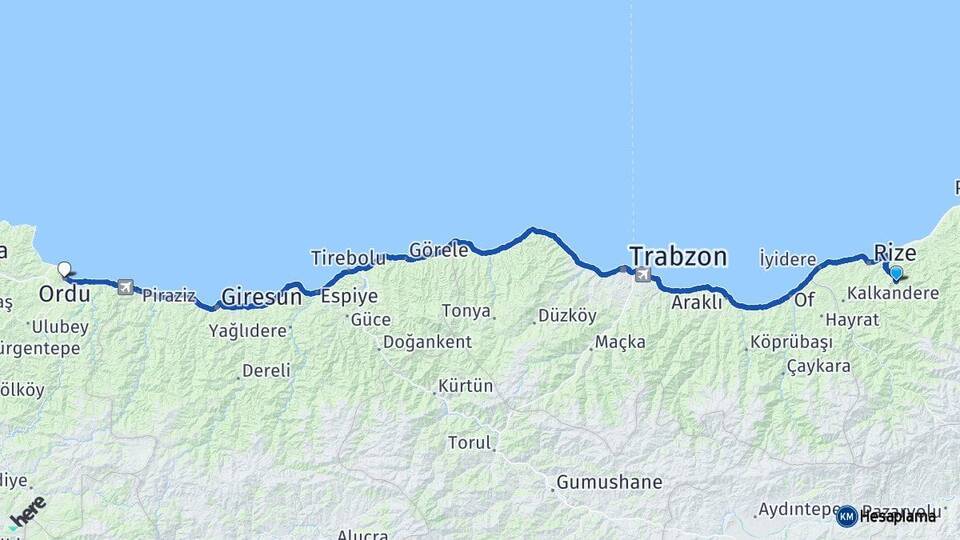 Rize Güneysu Ordu Arası Kaç Km - Yol Haritası