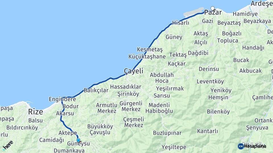Rize Güneysu Pazar Arası Kaç Km - Yol Haritası