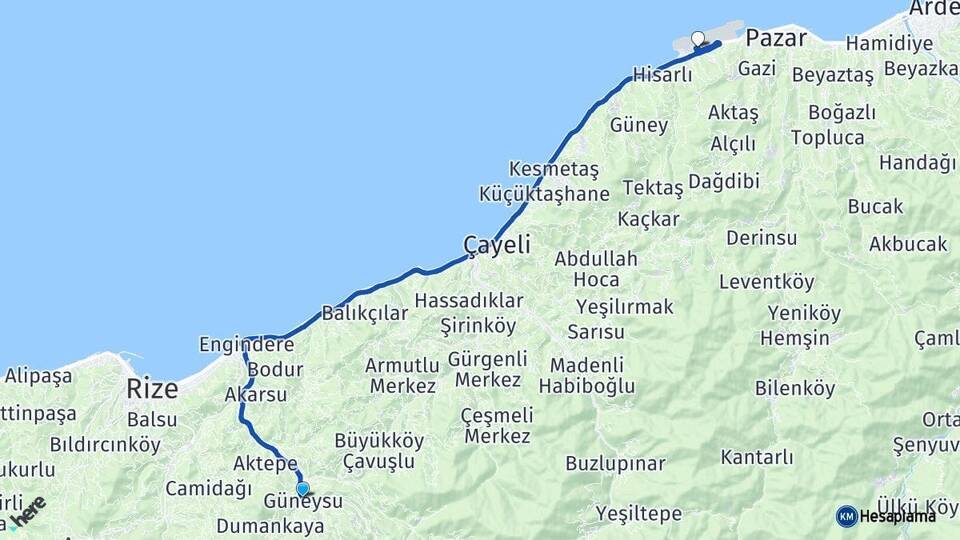 Rize Güneysu Rize-Artvin Havalimanı Arası Kaç Km - Yol Haritası