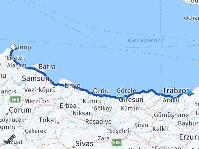 Rize Güneysu Sinop Arası Kaç Km - Yol Haritası
