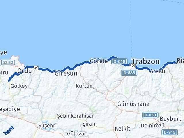 Rize Gürgentepe Ordu Arası Kaç Km - Yol Haritası