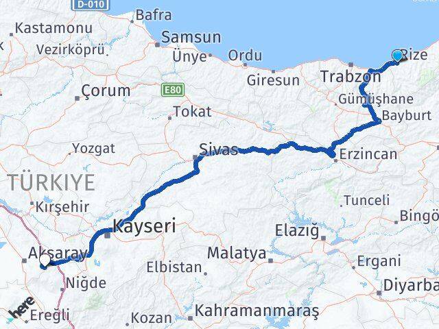 Rize Güzelyurt Aksaray Arası Kaç Km - Yol Haritası
