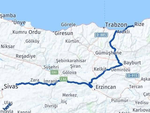Rize Hafik Sivas Arası Kaç Km - Yol Haritası