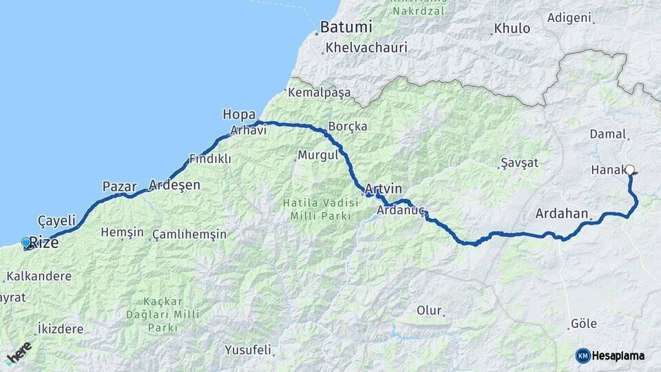 Rize Hanak Ardahan Arası Kaç Km - Yol Haritası