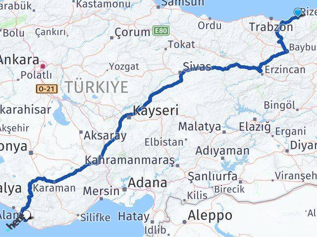 Rize Hasdere Gazipaşa Antalya Arası Kaç Km - Yol Haritası