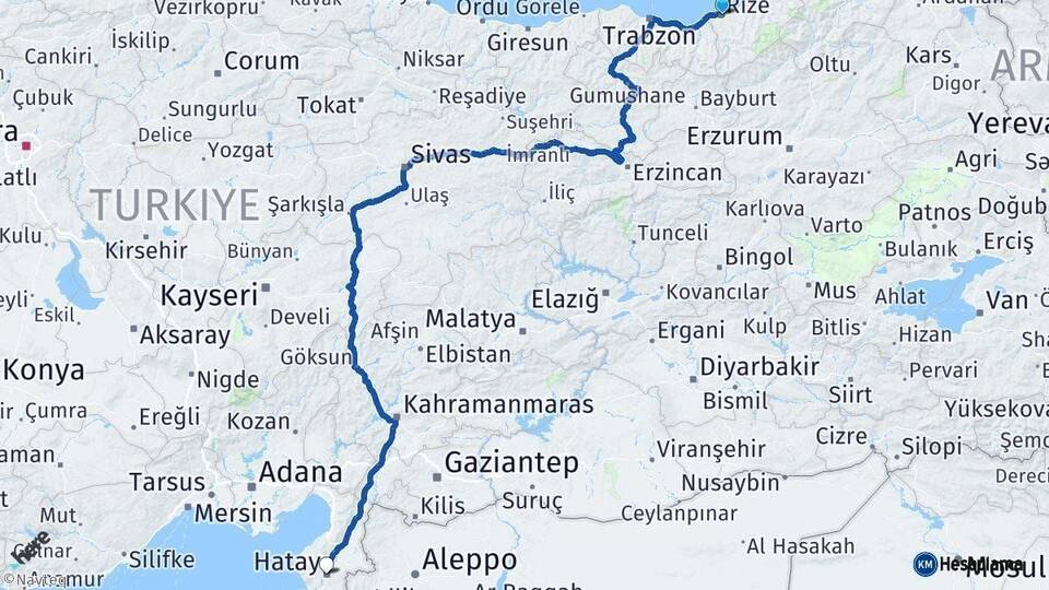 Rize Hatay Arası Kaç Km - Yol Haritası