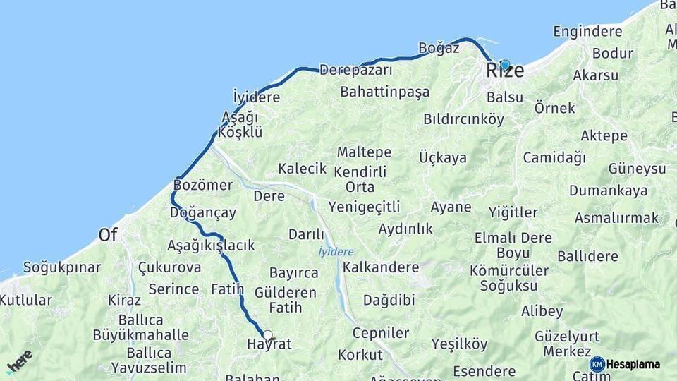 Rize Hayrat Arası Kaç Km - Yol Tarifi
