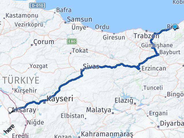 Rize Hemşin Aksaray Arası Kaç Km - Yol Haritası