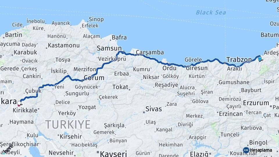 Rize Hemşin Ankara Arası Kaç Km - Yol Haritası