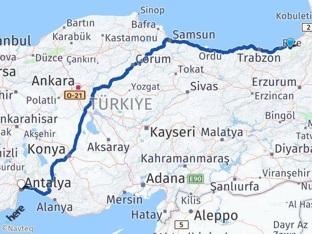 Rize Hemşin Antalya Arası Kaç Km - Yol Haritası