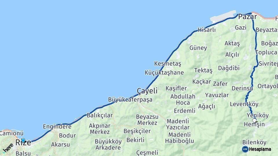 Rize Hemşin Arası Kaç Km - Yol Haritası