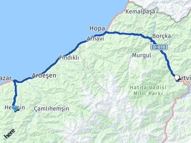 Rize Hemşin Artvin Arası Kaç Km - Yol Haritası