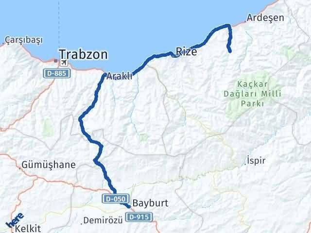 Rize Hemşin Bayburt Arası Kaç Km - Yol Haritası