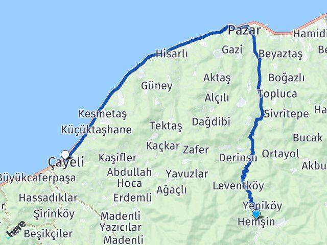 Rize Hemşin Çayeli Arası Kaç Km - Yol Haritası