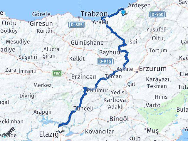 Rize Hemşin Elazığ Arası Kaç Km - Yol Haritası