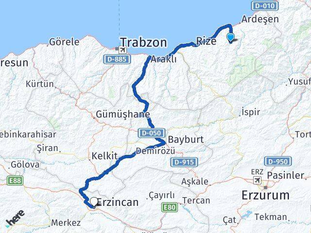 Rize Hemşin Erzincan Arası Kaç Km - Yol Haritası