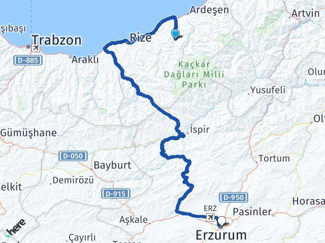 Rize Hemşin Erzurum Arası Kaç Km - Yol Haritası