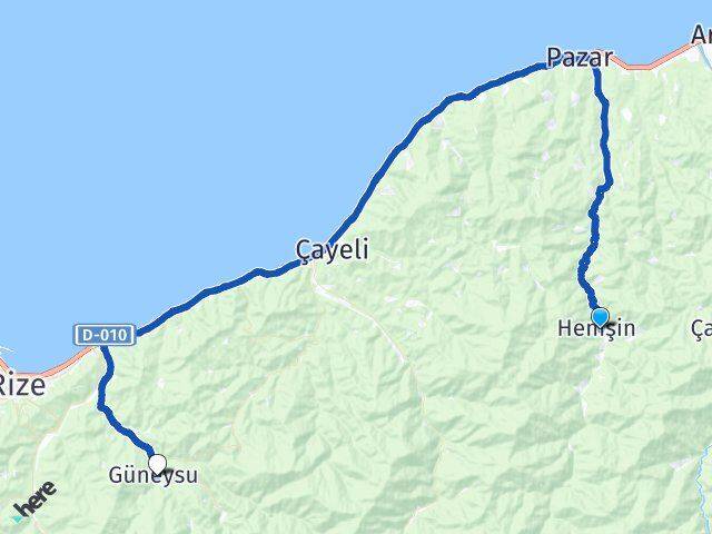 Rize Hemşin Güneysu Arası Kaç Km - Yol Haritası
