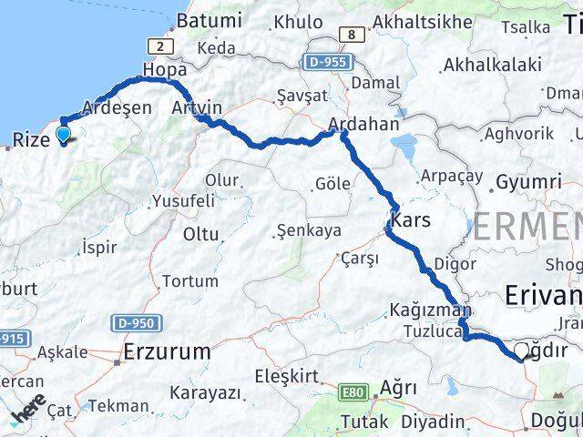 Rize Hemşin Iğdır Arası Kaç Km - Yol Haritası